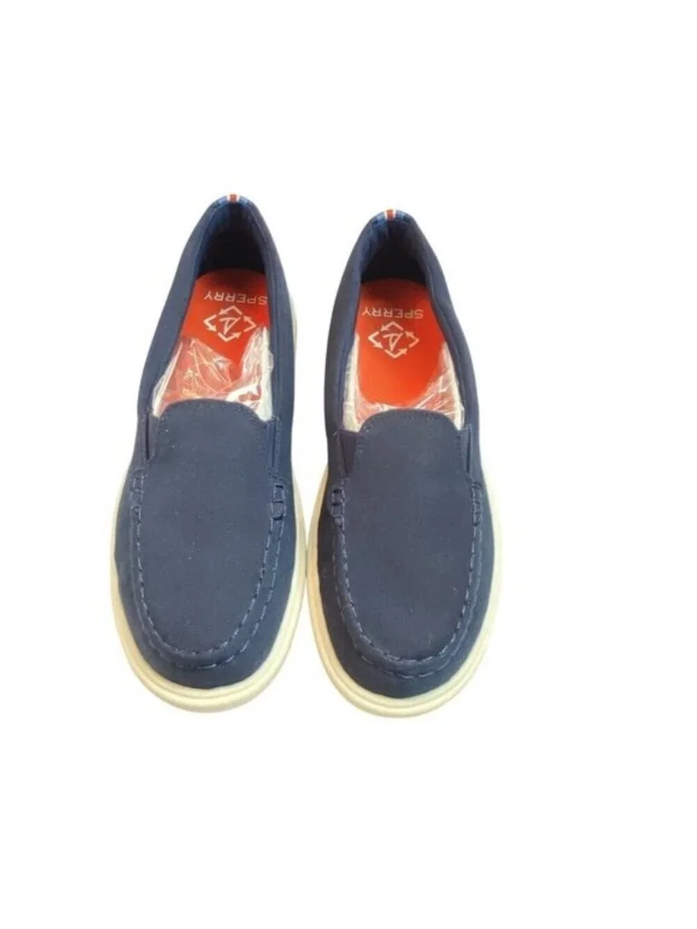 Sperry Blue Canvas Slip-On Loafers Size 8M With Striped Heel Boat Shoes